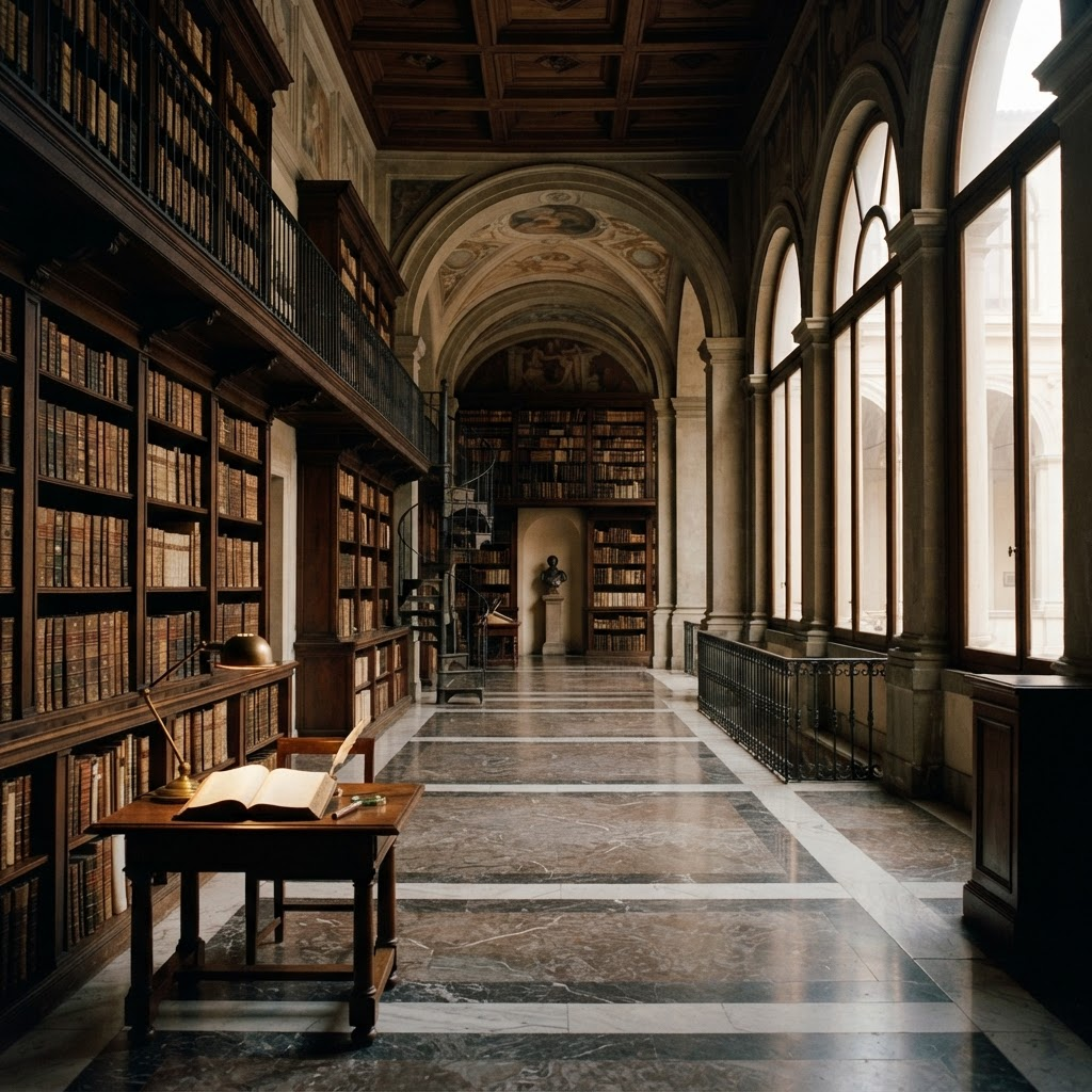 A quiet institutional library, a place of study and continuity